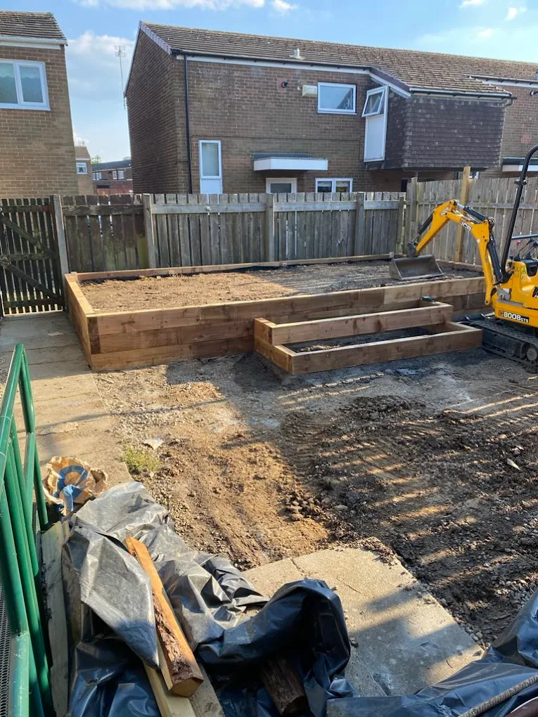 Garden groundwork and sleeper retaining wall construction